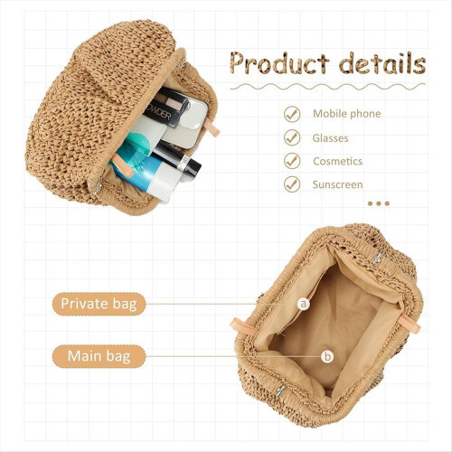 Γυναικείο πορτοφόλι με ψάθα για Cloud Dumpling Pouch, καλοκαιρινή τσάντα παραλίας 1