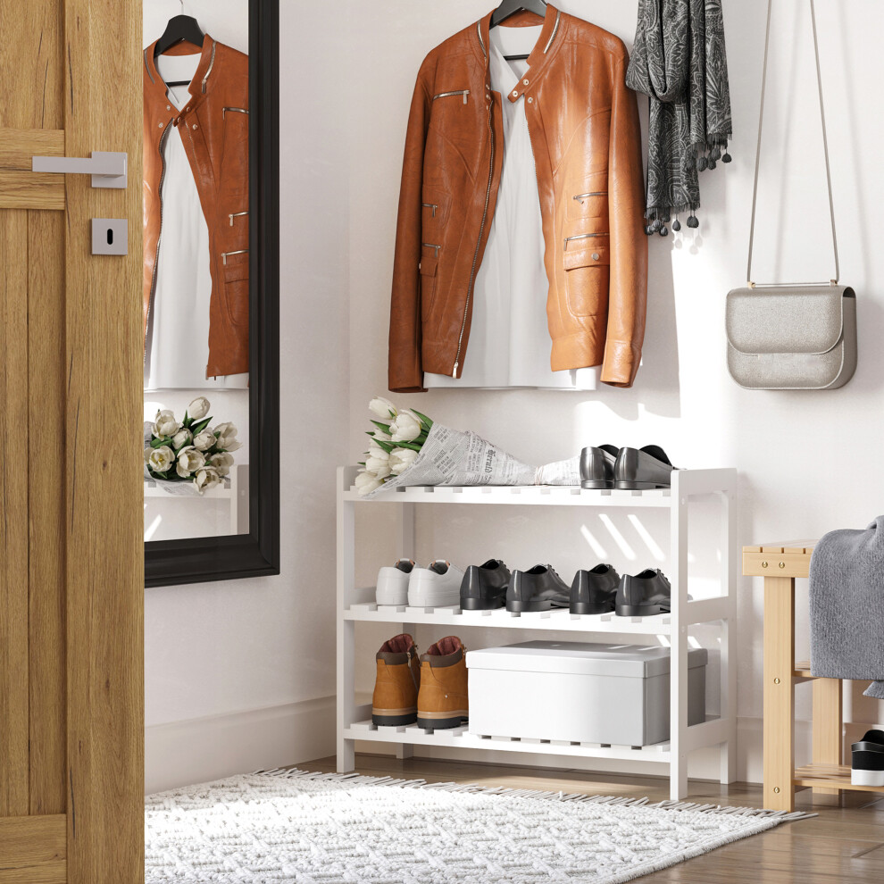 Wooden 3-Tier Shoe Rack White Spacious Open Shelves for Hallway Storage Hygienic and Durable 70L x 26W x 57.5H cm-image-OPC-PMFZY69-NEW