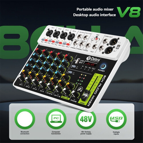 V8 Audio Mixer Pequeno Console de Mixagem Plugue UE 1