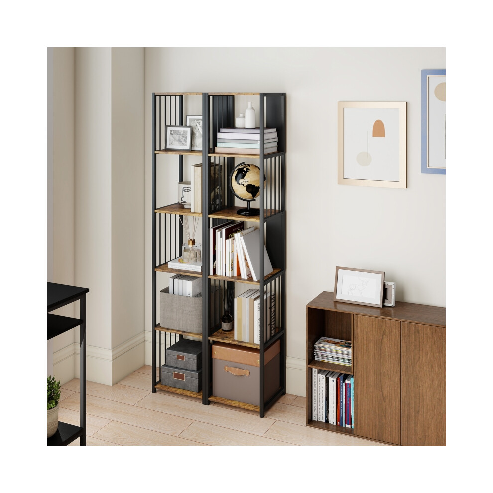 Sturdy Steel Frame 5-Tier Bookshelf in Rustic Brown Multi-Function Storage for Living Room and Office-image-OPC-PMG2T27-NEW