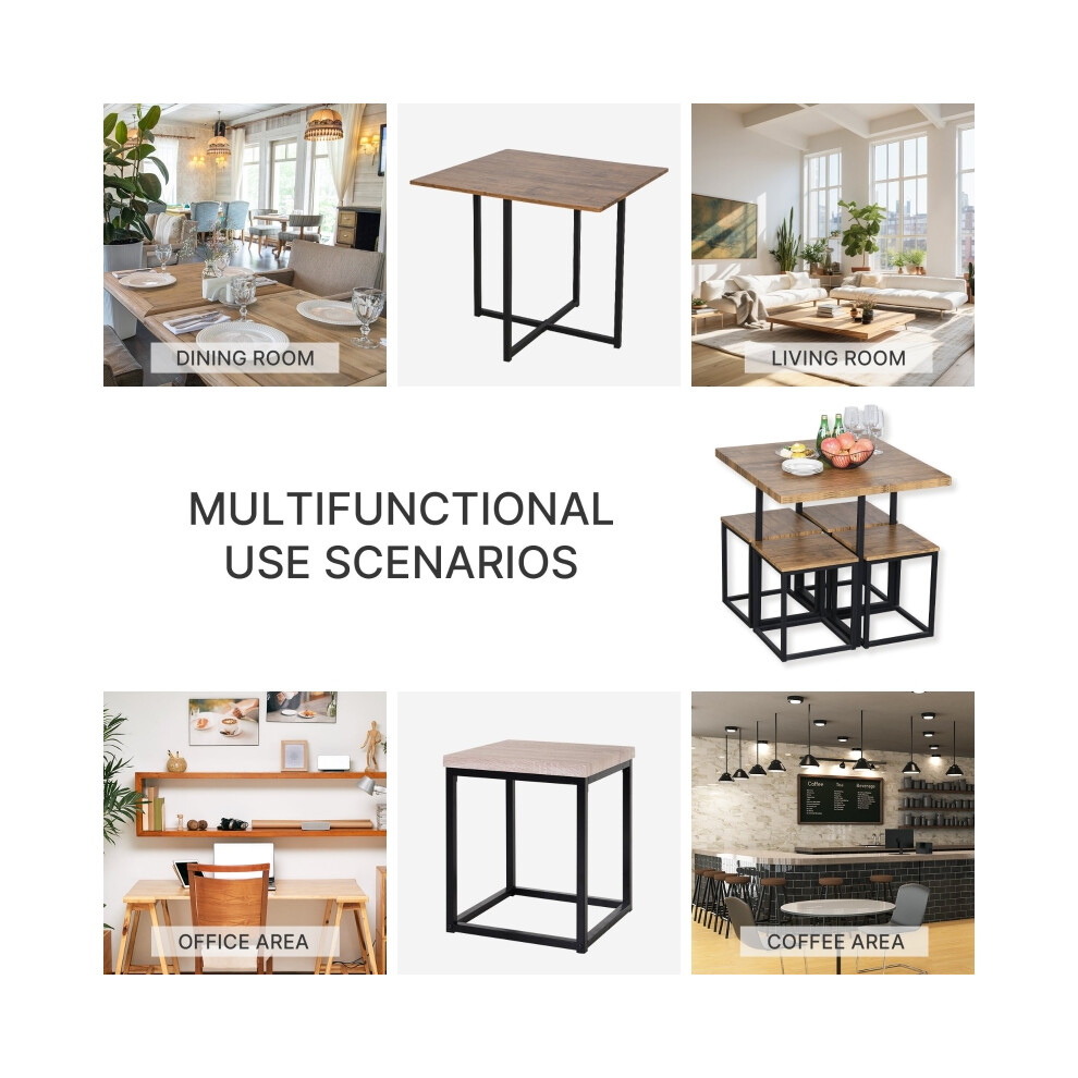 Dining Table and Chairs Set - 5 Piece Industrial Brown Space-Saving Square Kitchen Furniture with Metal Frame-image-OPC-PMG2VQN-NEW