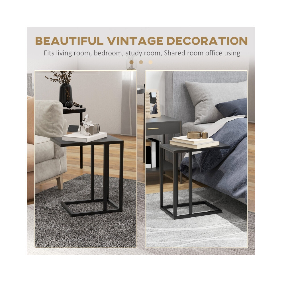 Bedside Table with Metal Frame & Wood-Effect Top C-Shaped Narrow End Table for Living Room or Sofa Black Finish-image-OPC-PMG2VYR-NEW
