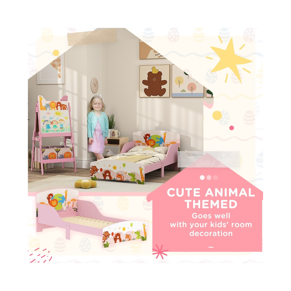 Toddler Bed with Safety Rails - AIYAPLAY Cute Animal Theme Pink 143x77x60cm Durable Wooden Construction for Kids-image-OPC-PMG52R2-NEW
