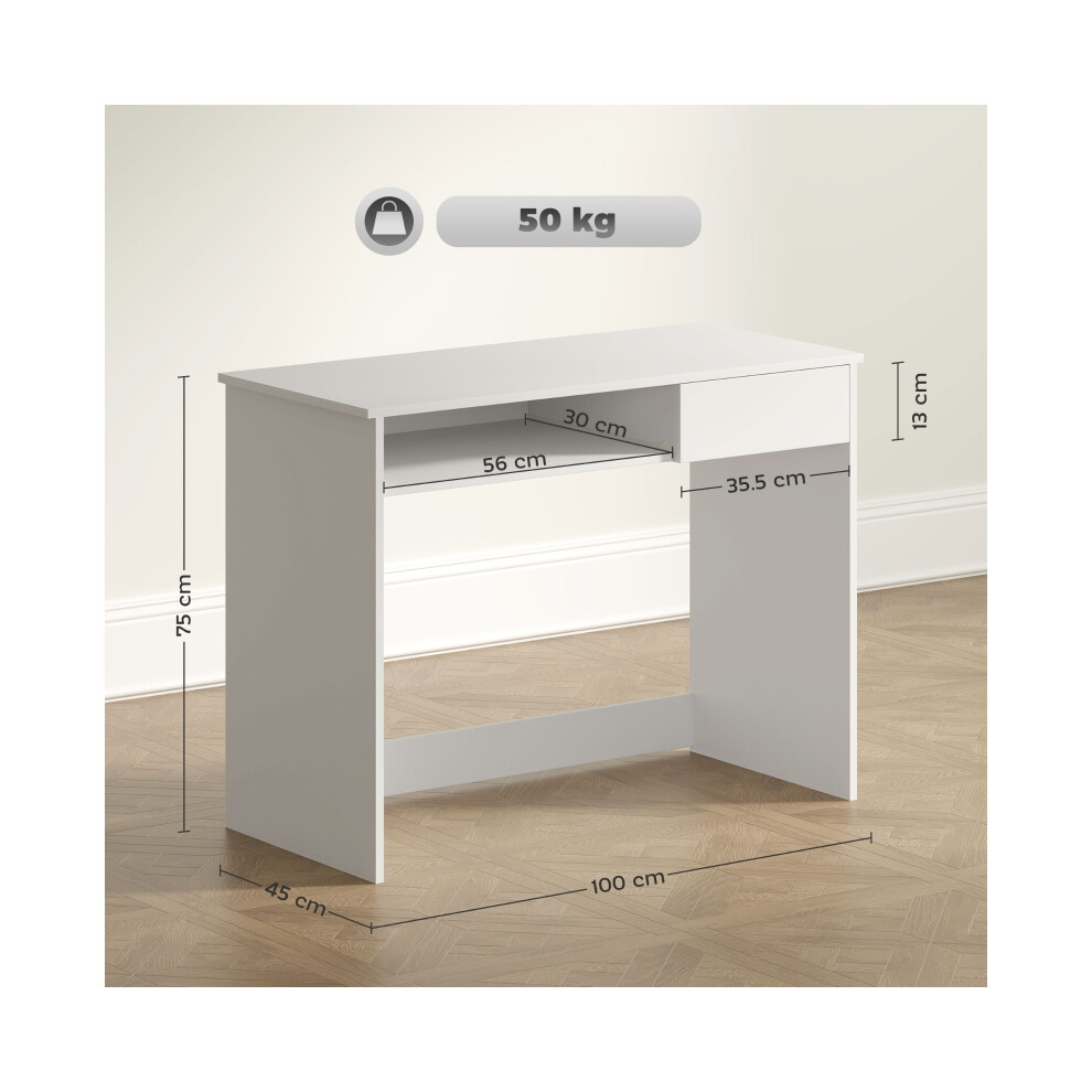 White 100cm Computer Desk with Drawer and Keyboard Tray Space-Saving Home Office Desk for Bedroom Study-image-OPC-PMG5FWV-NEW