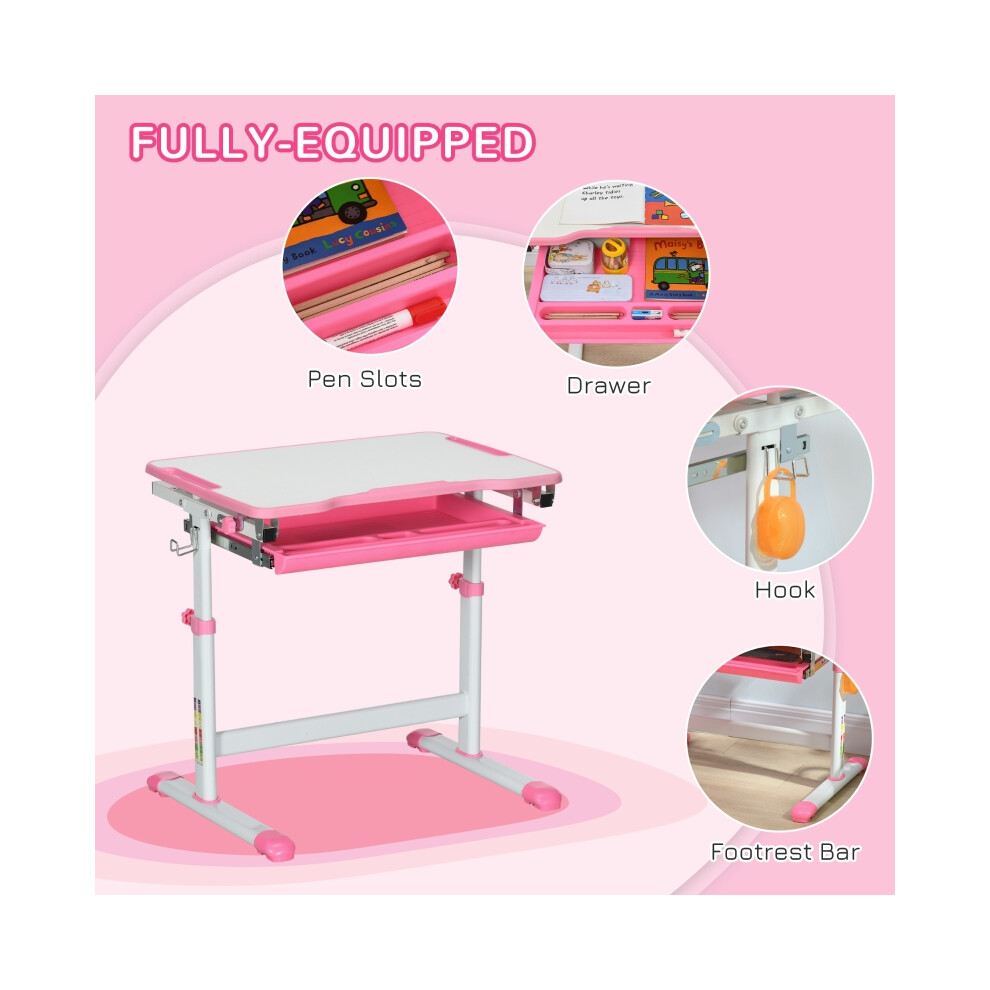 Kids Desk and Chair Set Pink Adjustable Student Writing Desk with Drawer Pen Slot and Hook for Home & School-image-OPC-PMG5JQJ-NEW