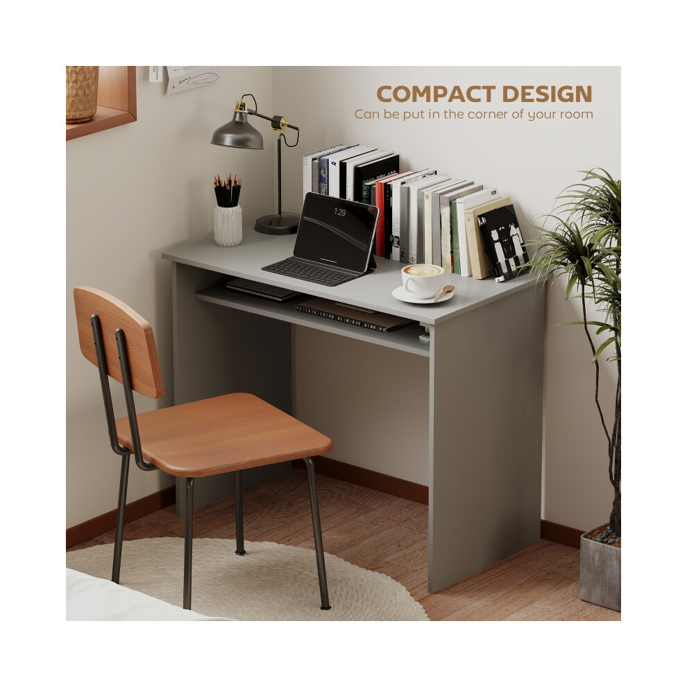 Home Office Desk Grey 90x50cm Stylish Computer Table with Storage Shelf Compact Small Writing Desk for Workspace-image-OPC-PMG5JZX-NEW