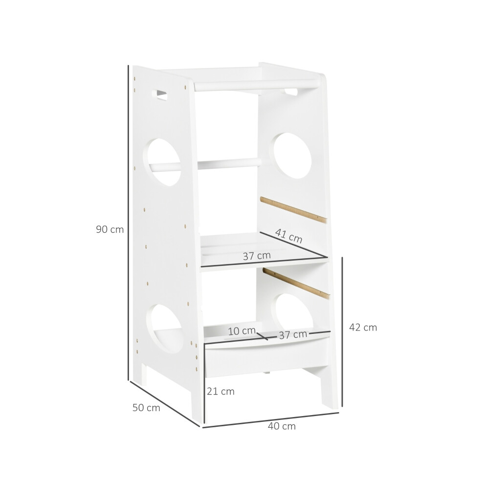 Kids Step Stool with Safety Rail Adjustable Toddler Standing Tower White Durable Wood for Kitchen and Bathroom Use-image-OPC-PMG5KGQ-NEW