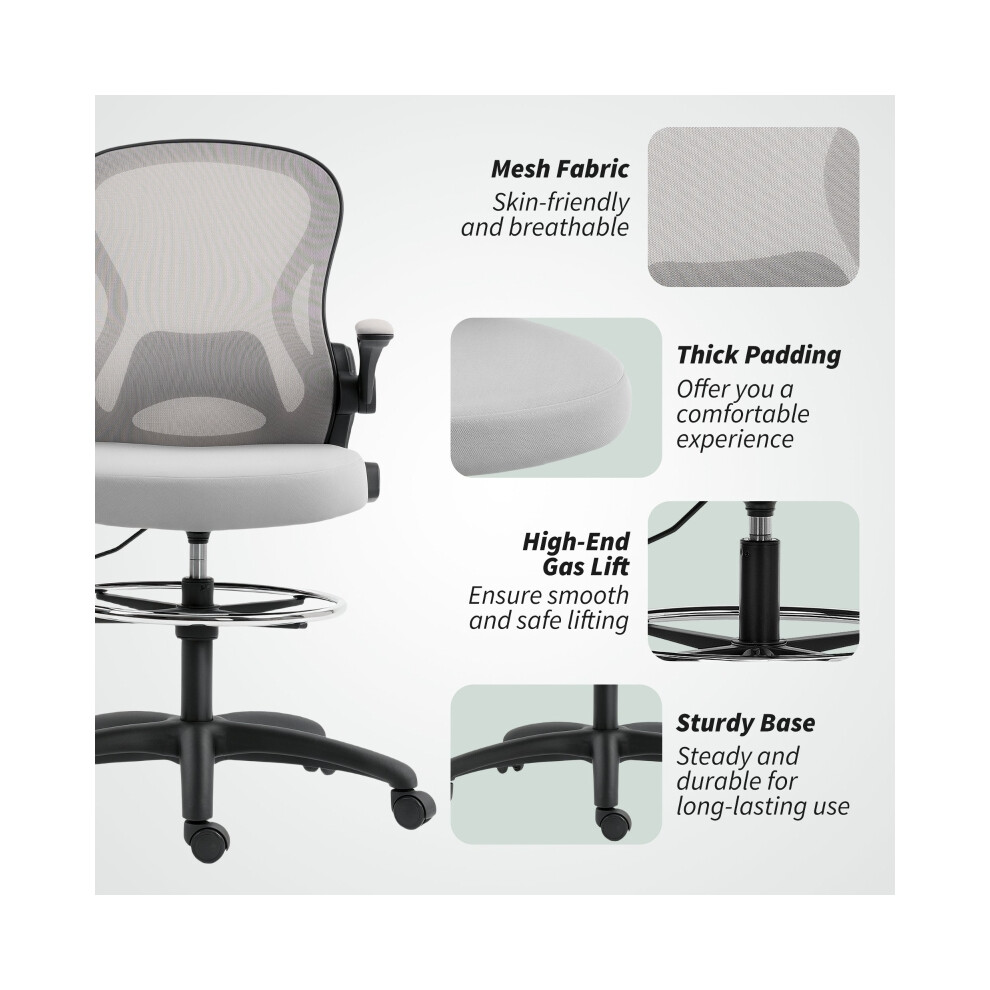 Adjustable Mesh Standing Desk Chair with Lumbar Support Flip-up Armrests Footrest Ring Grey-image-OPC-PMG5MP5-NEW