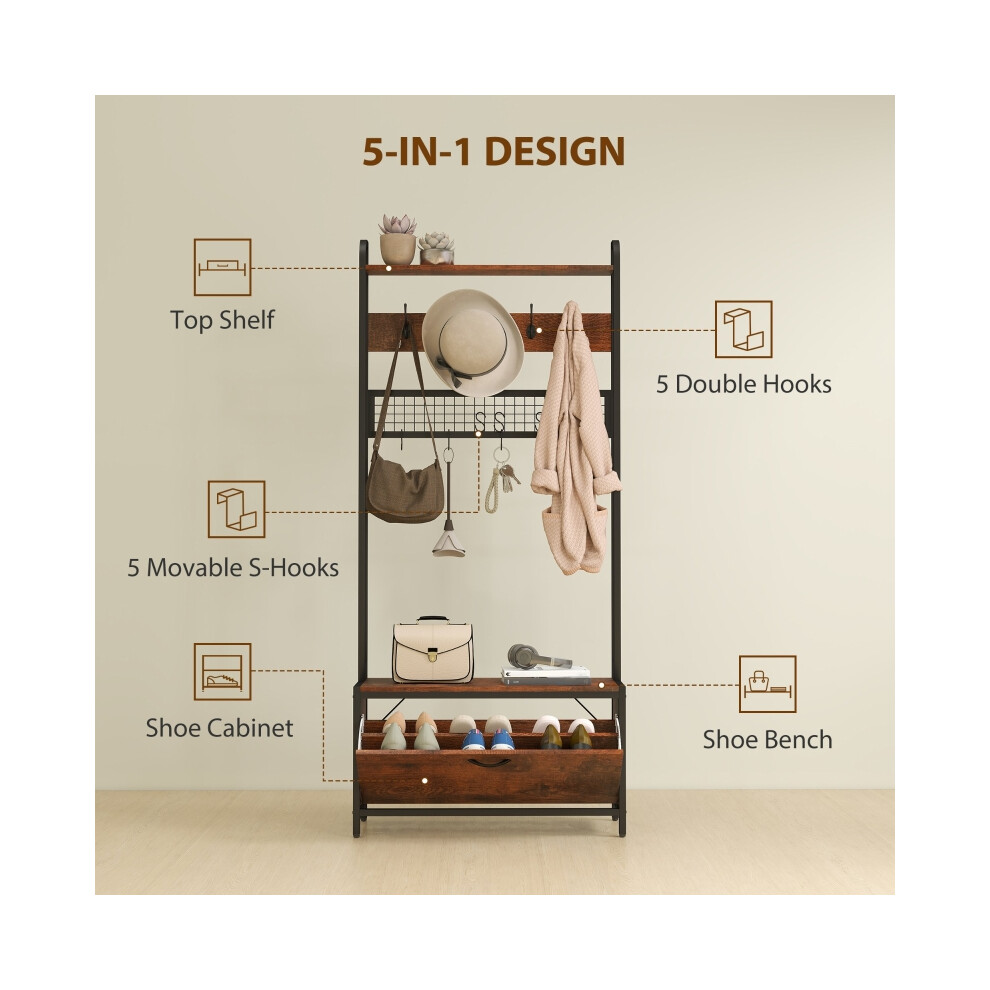 Space-Saving Hallway Storage Tree 5-in-1 Industrial Style with Hooks & Seat - Brown/Black Strong Metal Frame & MDF Finish-image-OPC-PMG5MQ2-NEW