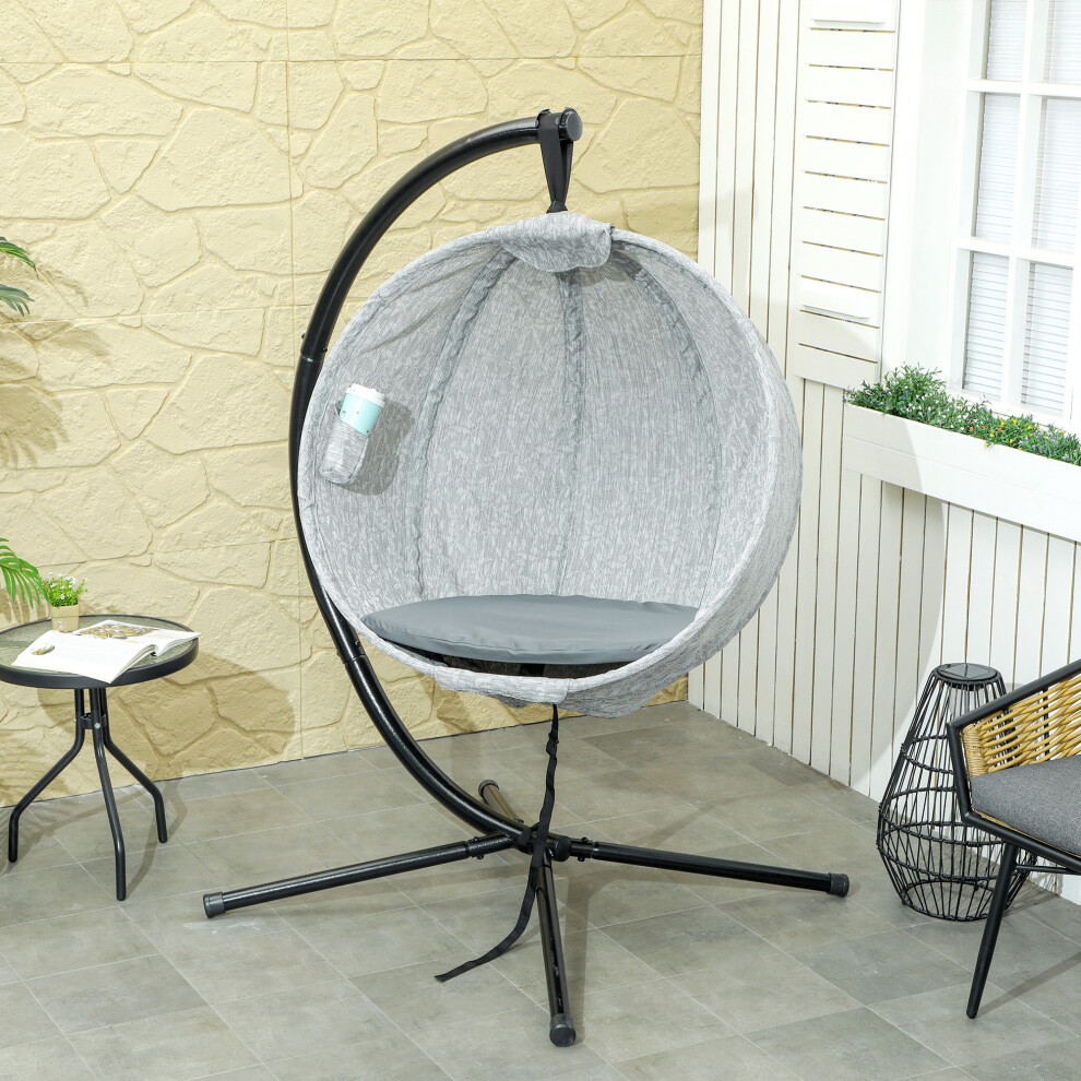 Outdoor Indoor Hanging Egg Swing Chair with Stand Thick Cushion Cup Holder Folding Basket Grey Garden Seat-image-OPC-PMG5WY6-NEW