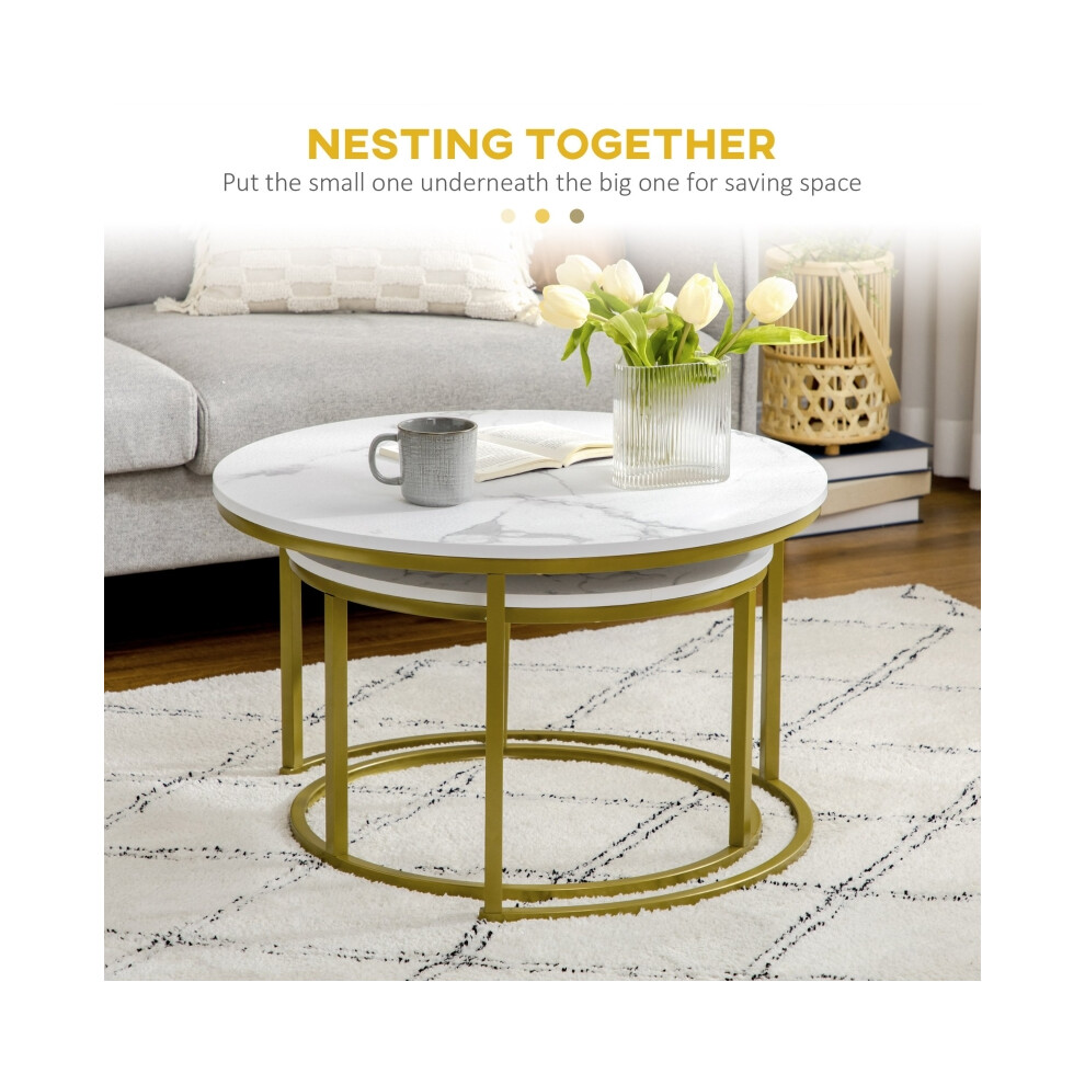 Living Room Side Tables - HOMCOM Set of 2 Round Nesting Coffee Tables Faux Marble Top with Metal Frame White Finish-image-OPC-PMG5YHG-NEW