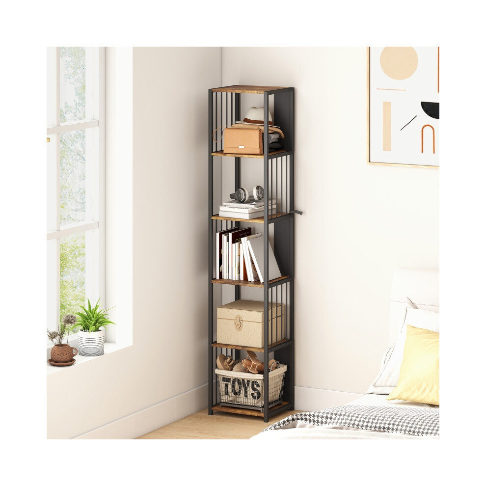 Heavy Duty 5-Tier Bookshelf in Rustic Brown Steel Frame Spacious Storage for Books and Decor-image-OPC-PMG5Z65-NEW