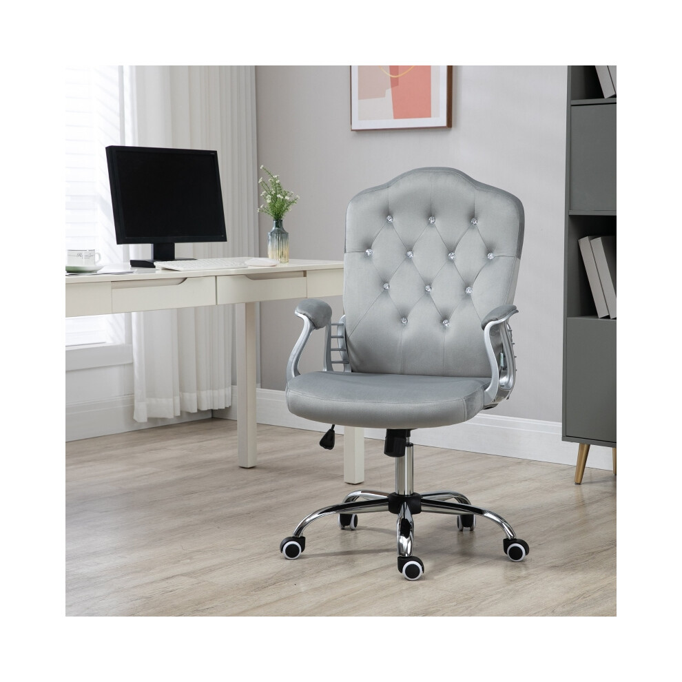 Velvet-Feel Work Chair with Elegant Diamante Back in Grey Adjustable Height and Comfort Ideal for Work or Study-image-OPC-PMG68VR-NEW