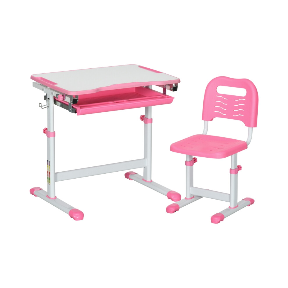 Kids Study Desk and Chair Set in Pink Adjustable with Storage Drawer Pen Holder Hook for Comfortable Learning-image-OPC-PMG69YB-NEW