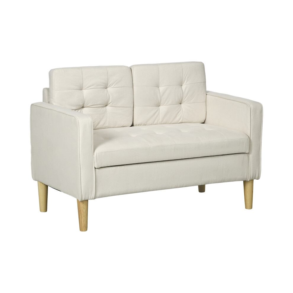 Cream White 2 Seater Sofa with Storage - Modern Loveseat with Tufted Cotton 117cm Compact Couch with Wooden Legs-image-OPC-PMG6BJC-NEW