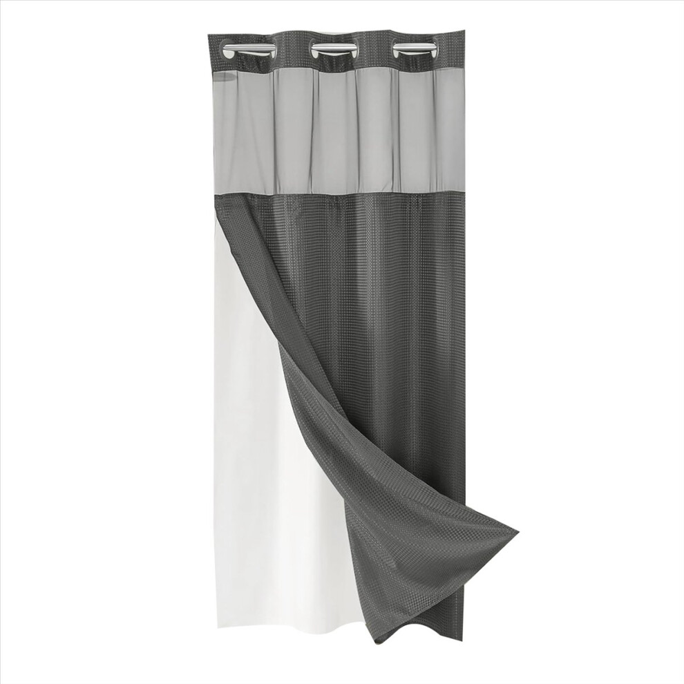 No Hook Waffle-Weave Shower Curtain with Snap-in Fabric Liner Set,B