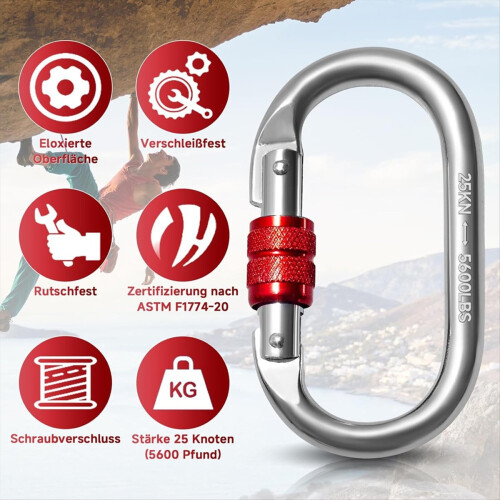 2 moschettoni da 25 KN, moschettoni a forma di O 2