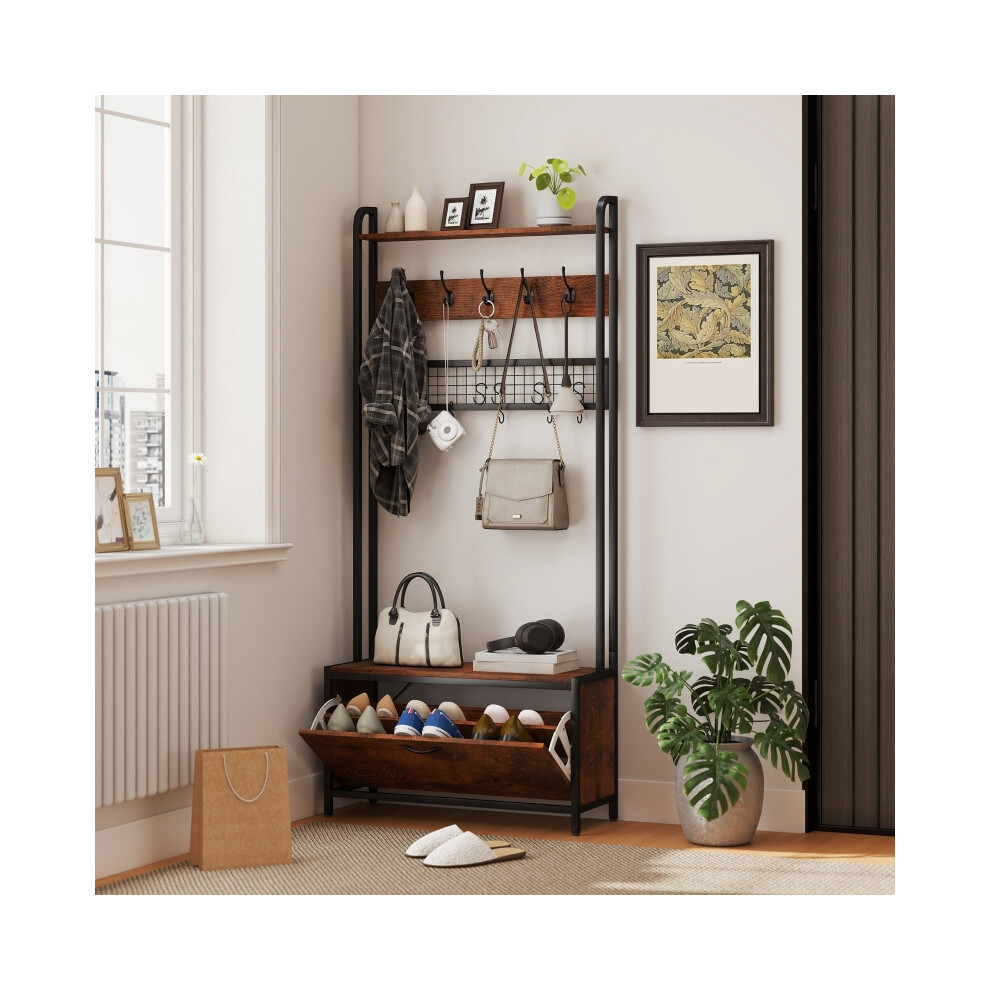 Brown/Black Industrial Hallway Tree 5-In-1 Multi-Functional Standing Organizer with Hooks Shelves & Storage Space-image-OPC-PMG7CSF-NEW