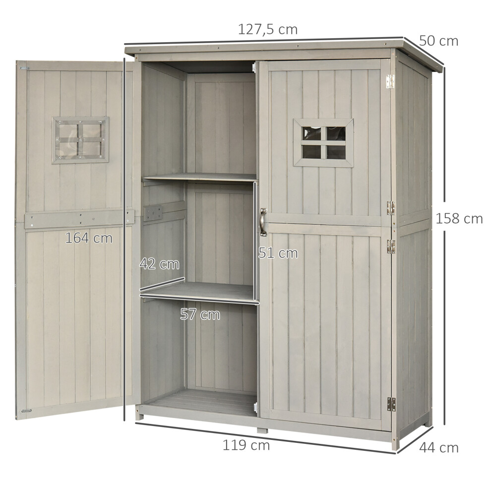 Garden Storage Shed in Wood with Double Doors & Windows 127.5L Capacity 164H cm Grey Outdoor Organizer for Tools-image-OPC-PMG7G96-NEW