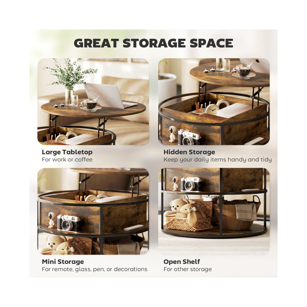 Brown Lift Top Coffee Table with Hidden Storage Round Design Steel Frame Suitable for Living Room & Home Office-image-OPC-PMG7GV5-NEW