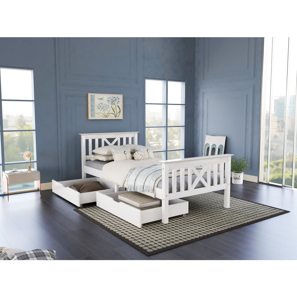 White Solid Pine Single Wooden Bed Frame with Drawers 3FT Storage Bed for Kids Teens Adults (90x190cm)-image-OPC-PMG7K6J-NEW