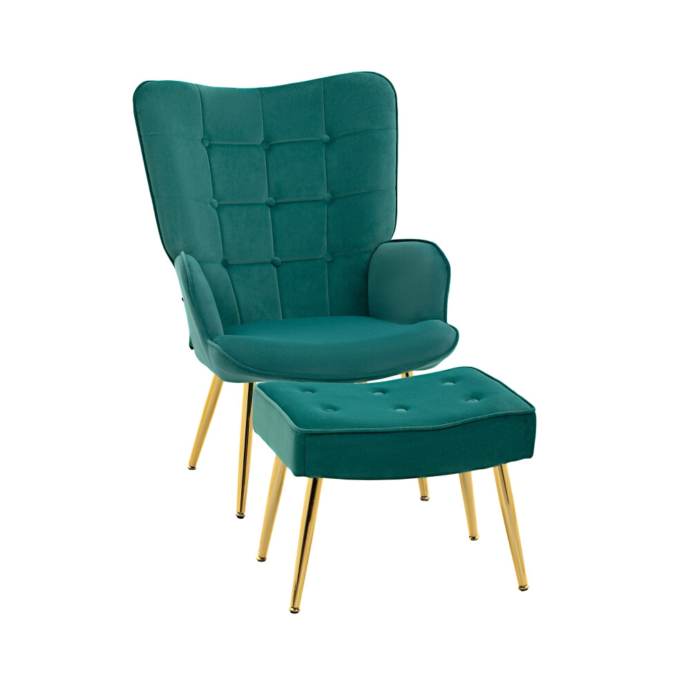 Dark Green Velvet Armchair & Ottoman Set - Stylish Upholstered Accent Chair with Steel Legs Perfect for Living Room and Bedroom-image-OPC-PMG7Q7Q-NEW