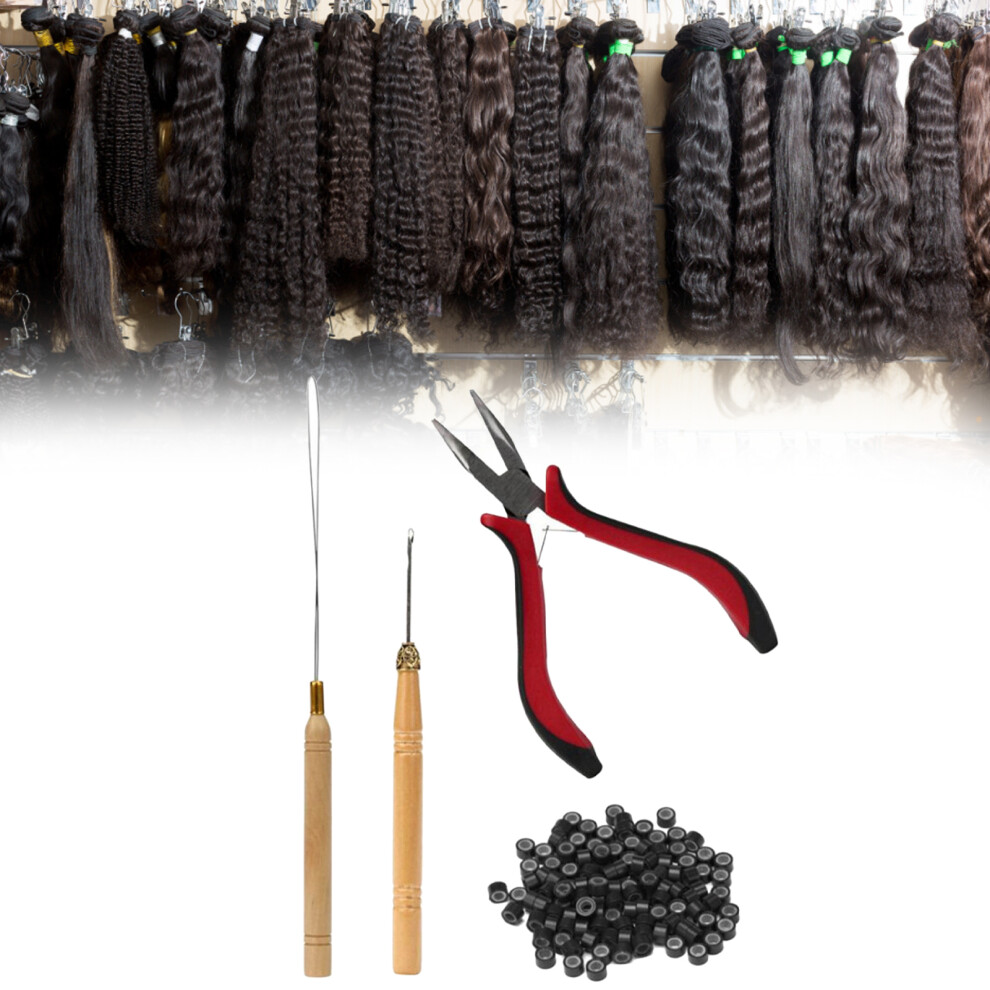 4pc Hair Extension Kit with Curved Plier & 200 Silicone Rings - Black
