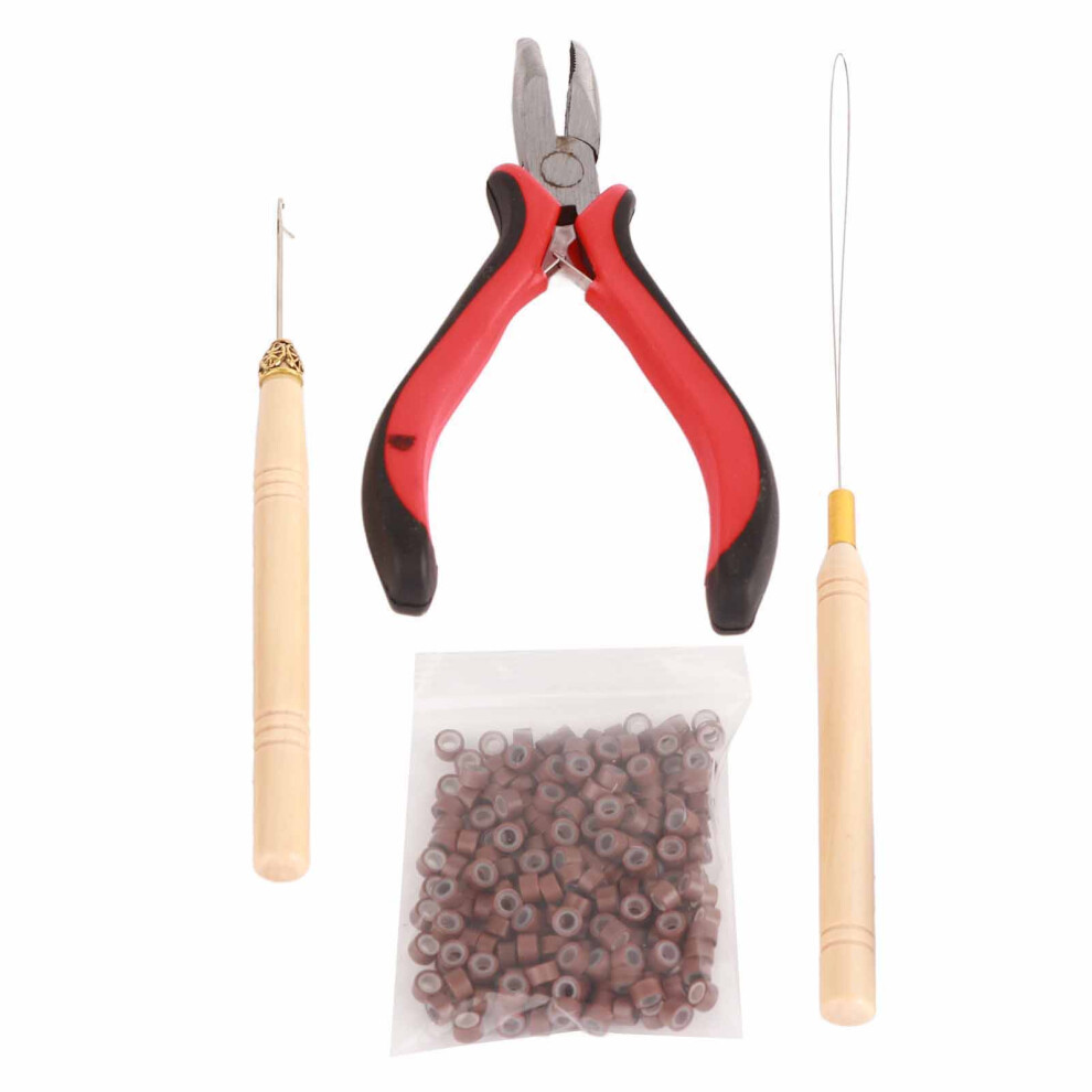 4pcs Hair Extension Pliers Kit Curved Tips Silicone Rings Brown