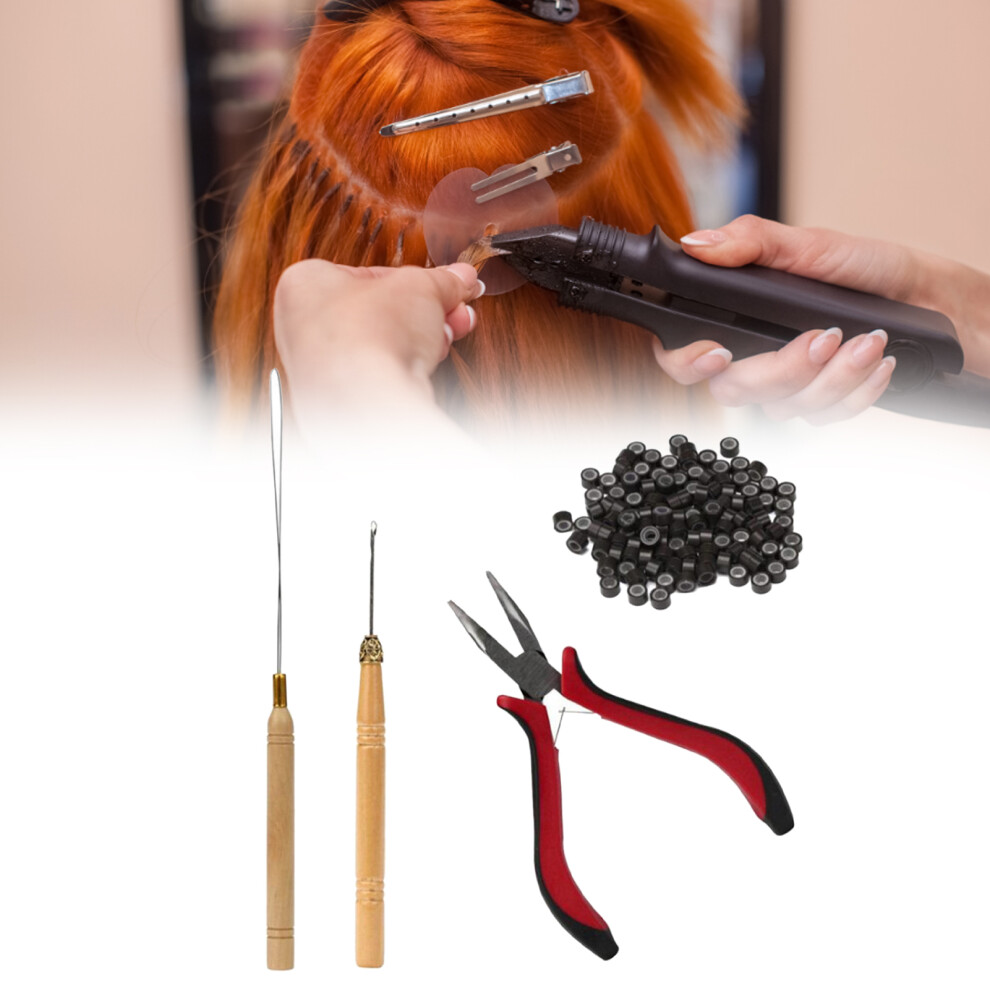 4pcs Curved Tip Hair Wig Plier Set Dark Brown Silicone Rings 12.5cm