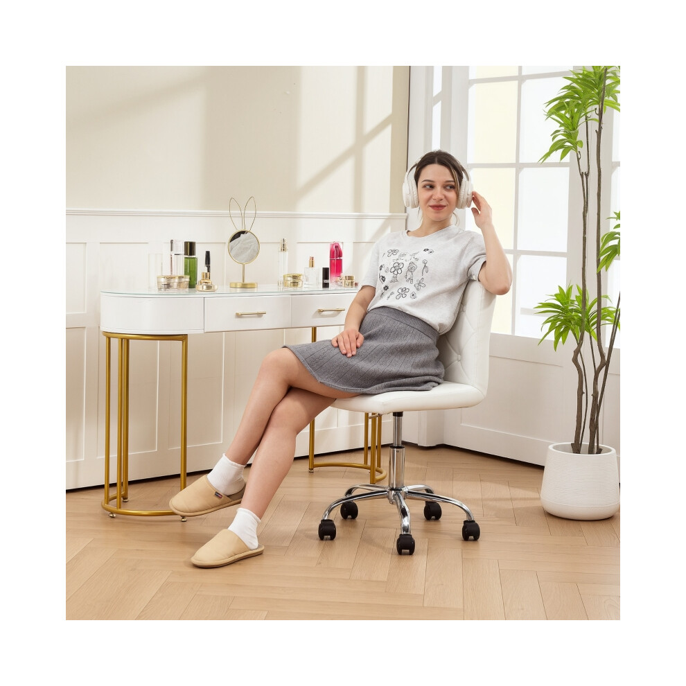 PU Leather Armless Office Chair with Wheels Adjustable Height Swivel Vanity Chair for Home Study and Bedroom White-image-OPC-PMG87ZH-NEW
