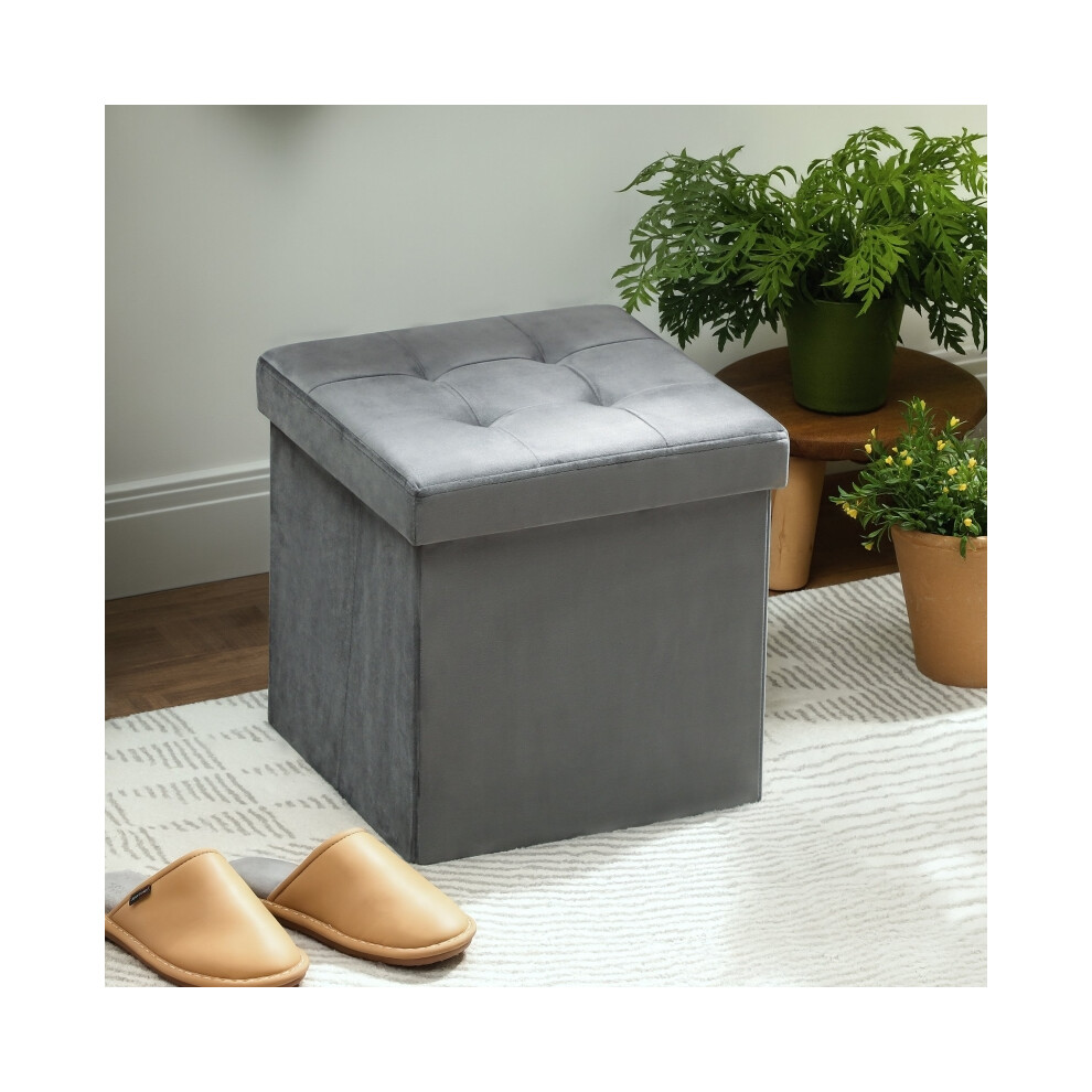 Velvet-Feel Grey Storage Ottoman - Foldable Space-Saving Design with Lid | Lightweight & Stylish for Compact Living Spaces-image-OPC-PMG88FW-NEW