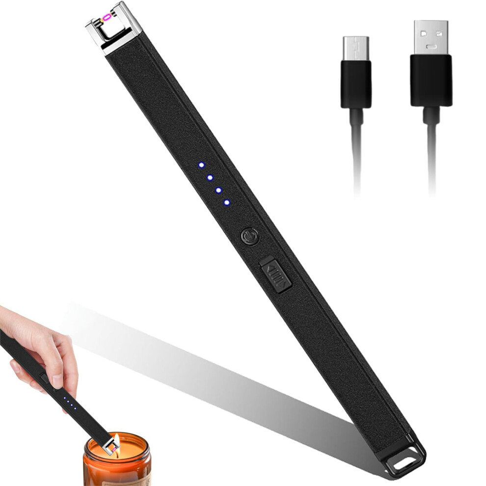 Black Electric Candle Lighter Rechargeable Usb, Plasma Arc With Safety Lock, Led Display, For Candle, Camping, Bbq