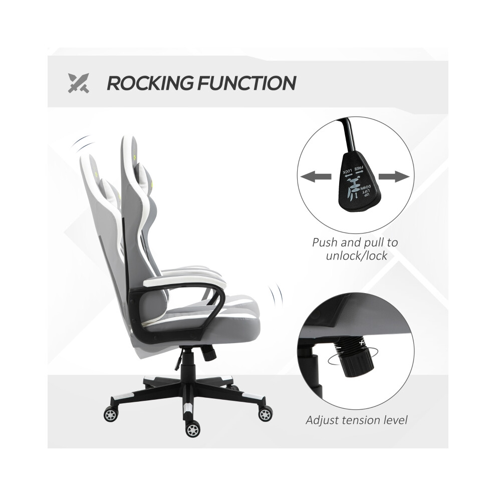 Faux Leather Gaming Chair with Lumbar Support Headrest Swivel Wheels Computer Desk Chair for Home Office Grey White-image-OPC-PMG8C2H-NEW