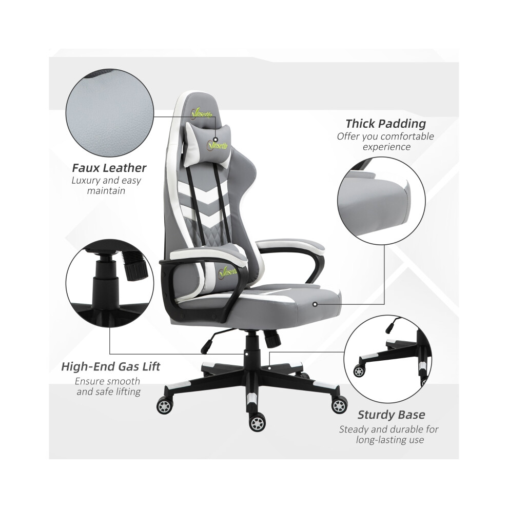 Ergonomic Gaming Chair Grey White with Faux Leather Lumbar & Headrest Support Swivel Wheels for Comfortable Home Office-image-OPC-PMG8CY6-NEW