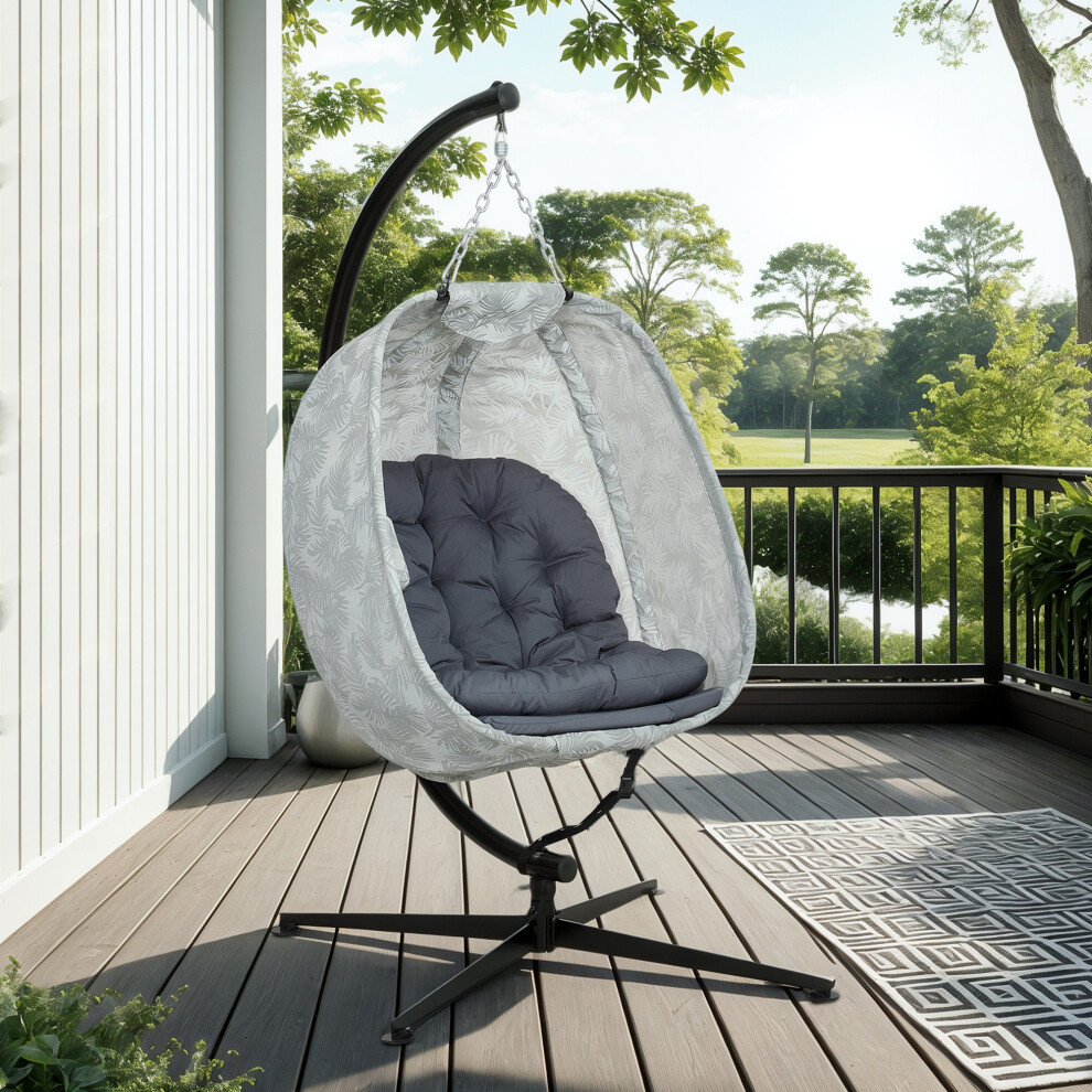 Garden Hanging Egg Chair with Stand Outdoor Indoor Swing Seat Thick Padding Folding Basket Cup Holder Grey-image-OPC-PMG8DMD-NEW
