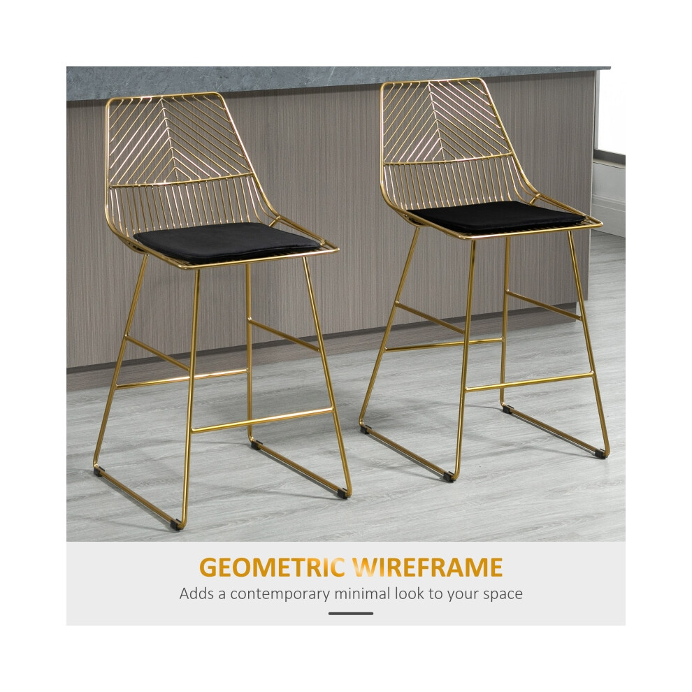 Counter Height Bar Stools Set of 2 Modern Wire Metal Frame Chairs for Kitchen & Dining Room Gold Comfortable Seating-image-OPC-PMG8HWF-NEW
