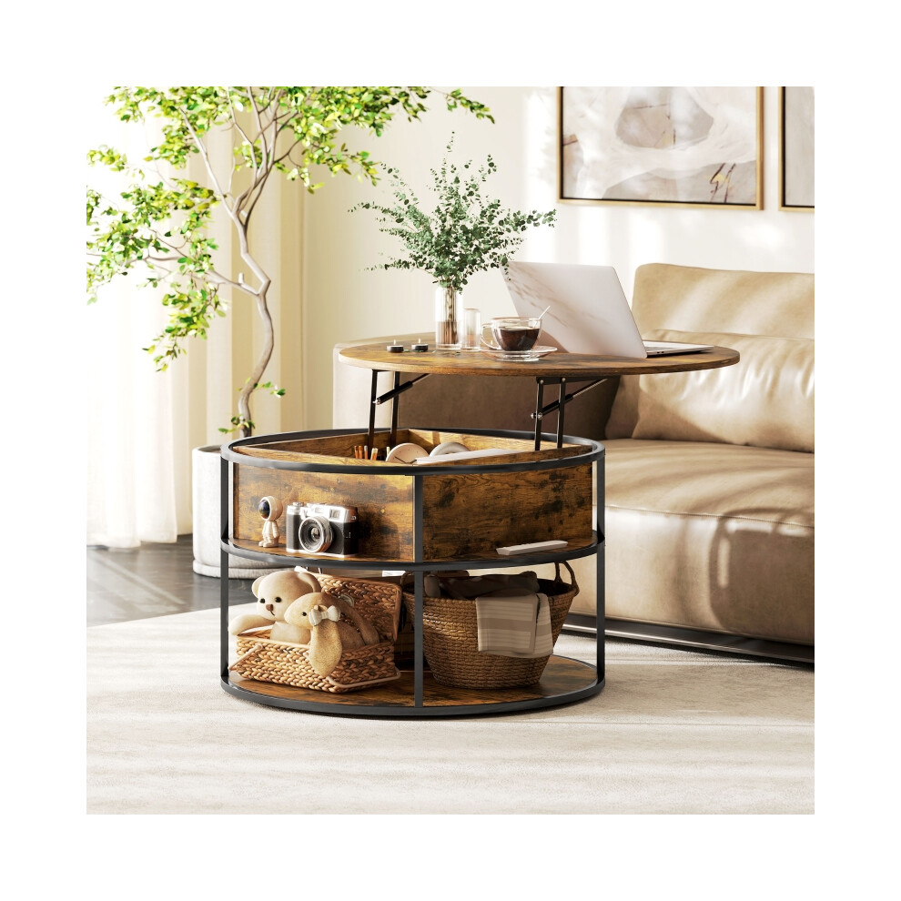 Steel Frame Lift Top Coffee Table with Hidden Storage Round Design and Brown Finish for Living Room & Home Office-image-OPC-PMG8KCF-NEW