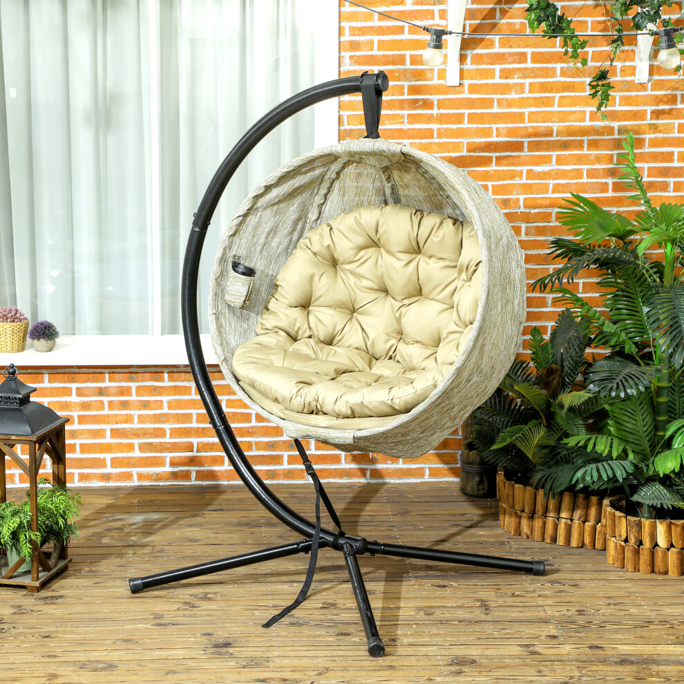 Hanging Egg Chair Outdoor Indoor Garden Swing with Folding Basket Thickened Cushion Cup Holder Stand Khaki-image-OPC-PMG8TSM-NEW