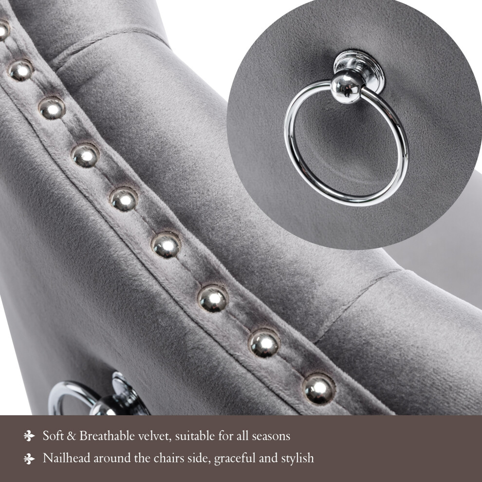 Velvet Dining Chairs Set of 4 with OAK Legs Button & Nailhead Trim Chrome Knocker Grey Kitchen & Lounge Chairs-image-OPC-PMG9HKR-NEW