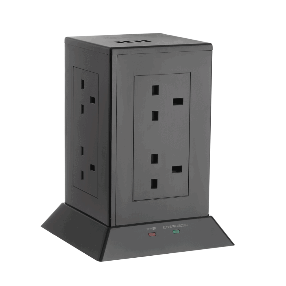 13Amp Socket Tower, 8 X Sockets, 4 X Usb Ports, Surge Protection Black 5050423027011