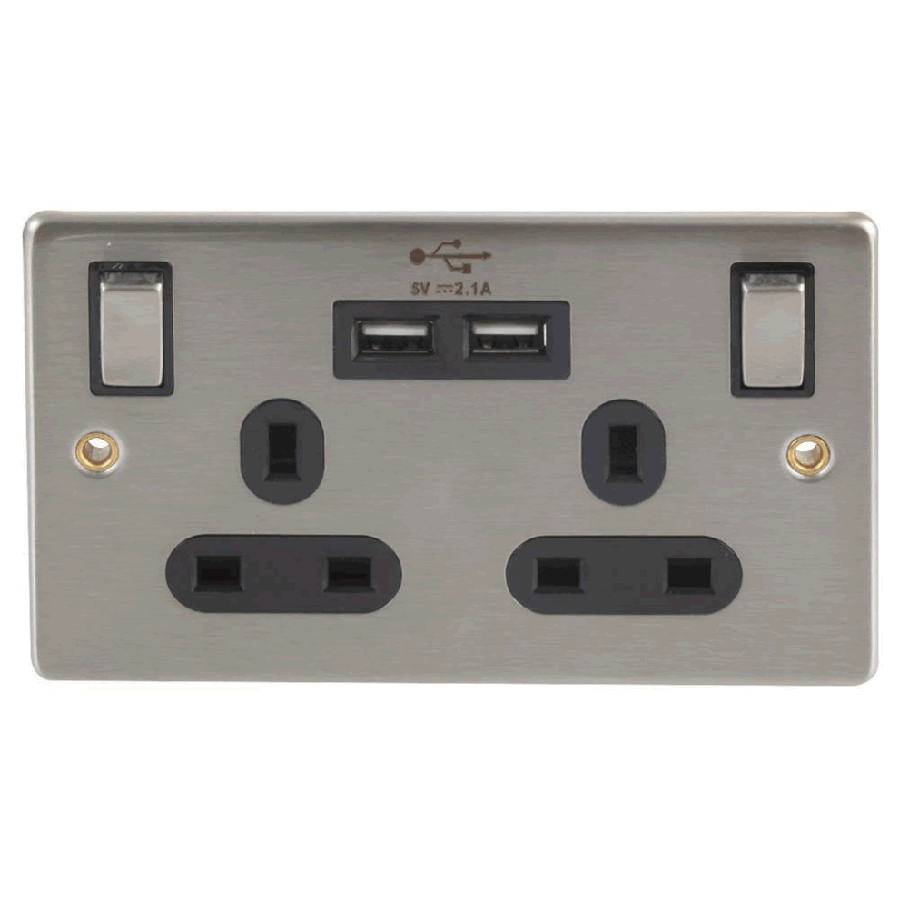 13A Wall Socket, A Twin 3 Pin Plug Outlet With 2 Usb Outlets, Switched Each End 8800202402037