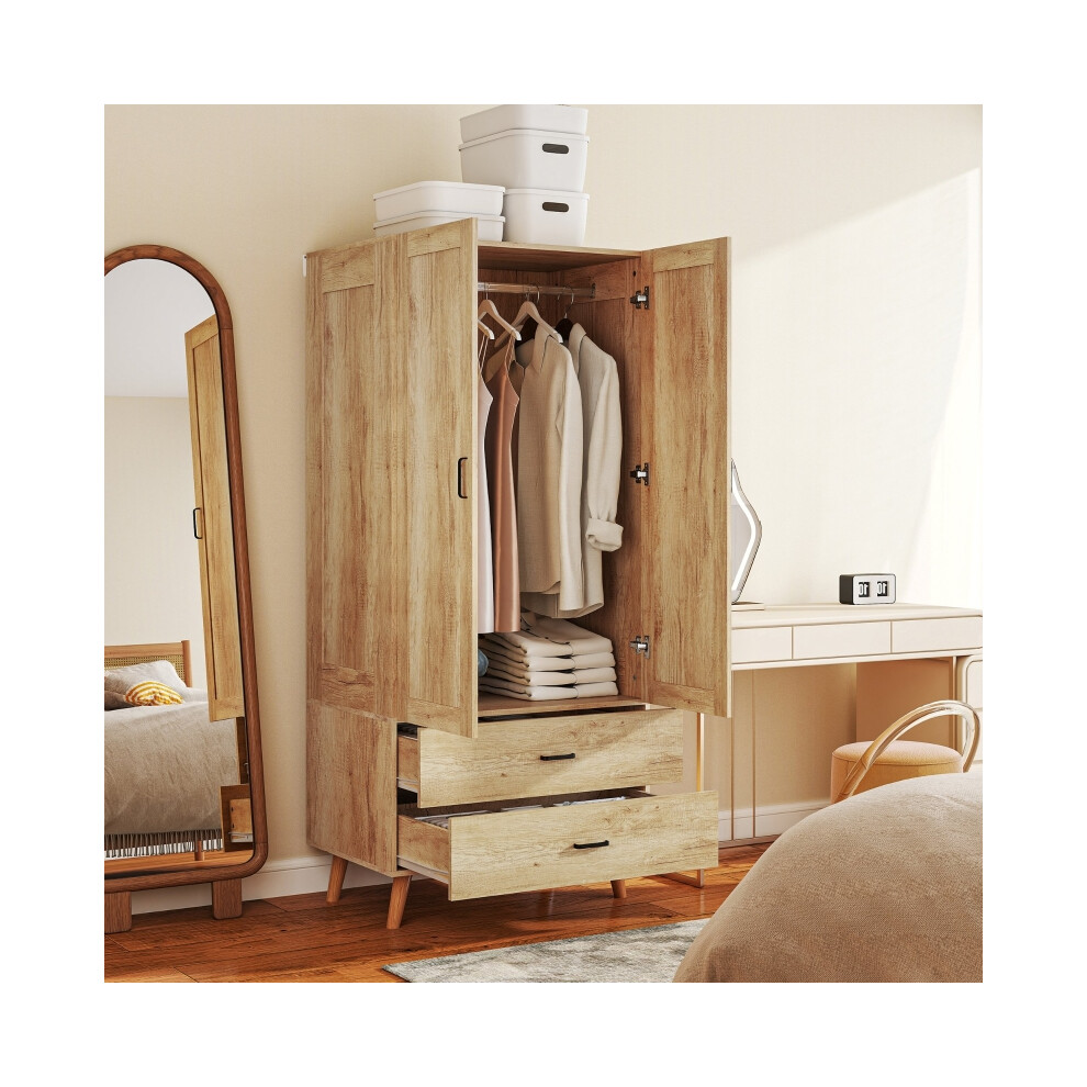 Bedroom Storage Wardrobe with 2 Doors & Drawers - Natural Finish HOMCOM Modern Wardrobe with Hanging Rail Spacious & Practical-image-OPC-PMG9WDZ-NEW