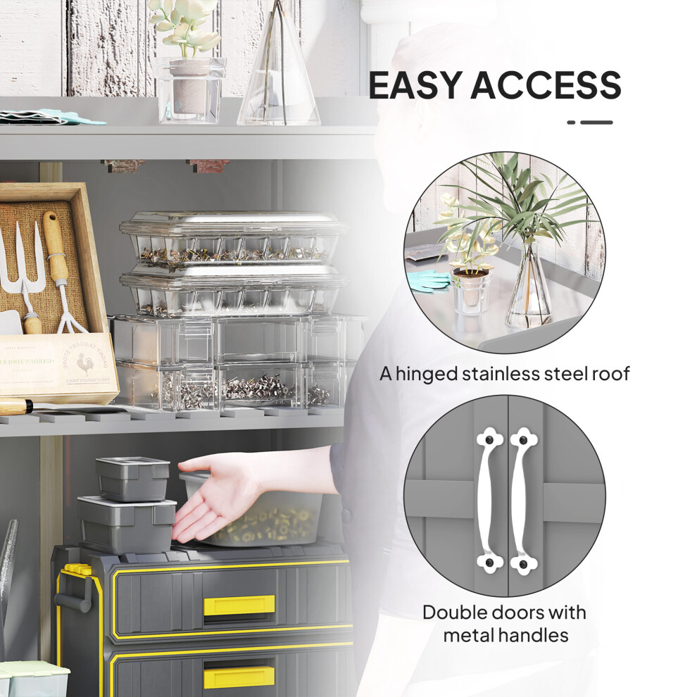 Weatherproof Wooden Shed for Garden Grey Outdoor Storage Cabinet with Double Doors Hinged Roof and Shelving System-image-OPC-PMGB5VF-NEW