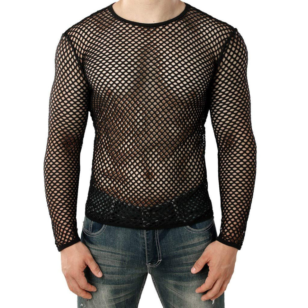 Black Mesh Fishnet Transparent T-Shirts Men's Long Sleeve Mesh Undershirt Xl Muscle Fit Clubwear Summer Mesh Top