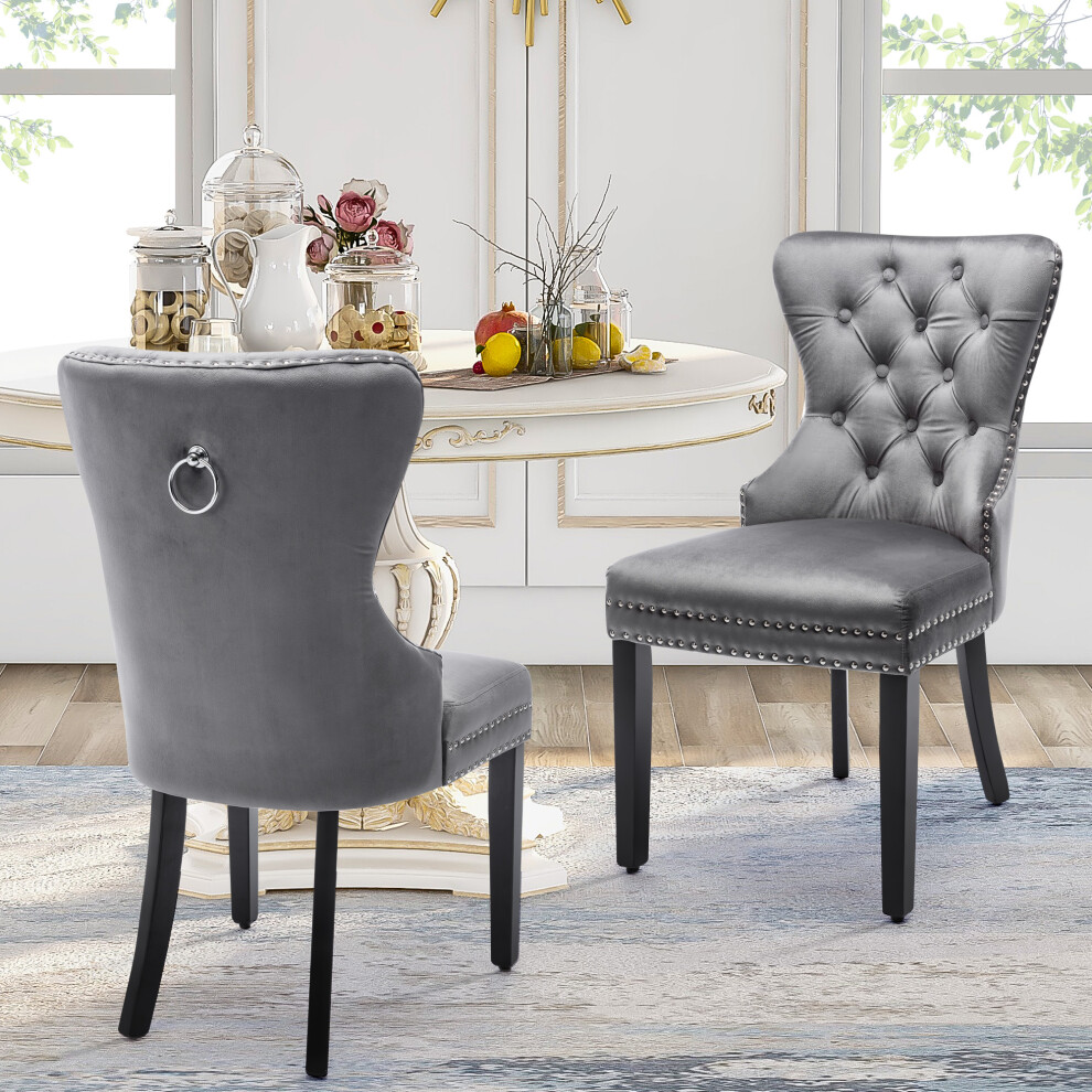 Set of 4 Velvet Dining Chairs with OAK Legs Chrome Knocker & Button Detail Grey Kitchen & Lounge Chairs for Home-image-OPC-PMGBZ9R-NEW