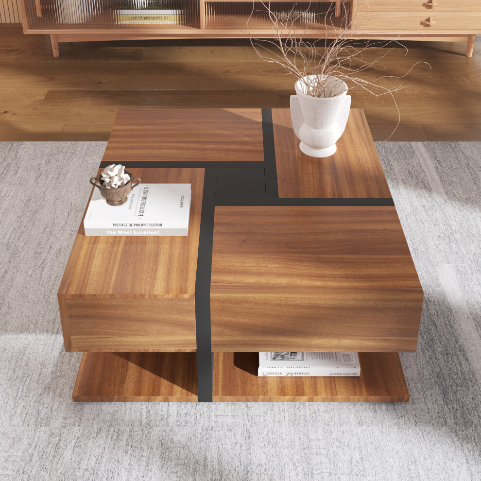 Stylish Coffee Table with 4 Drawers Unique Color and Line Design 78x78x36cm Multi-Functional Storage Table with Bottom Shelf-image-OPC-PMGBZJ8-NEW