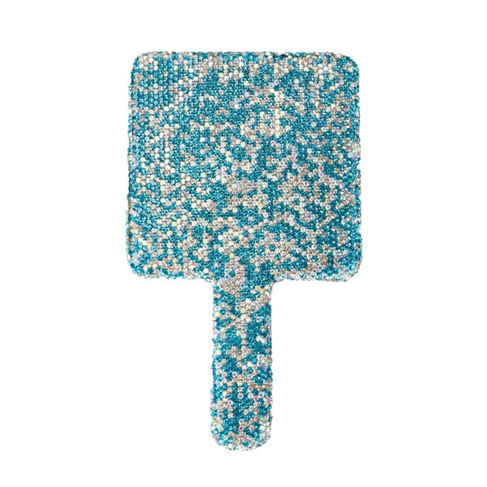 Blue Handheld Mirror Travel Makeup Mirror With Rhinestones Square With Handle Vanity For Barbers