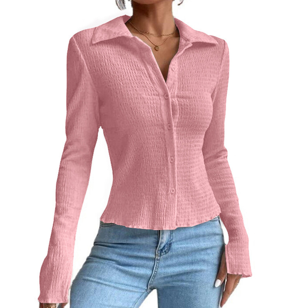 Women Pink Long Sleeve Slim Fit Shirt with Turn Down Collar, Size S-3XL-image-OPC-PMGC28P-NEW