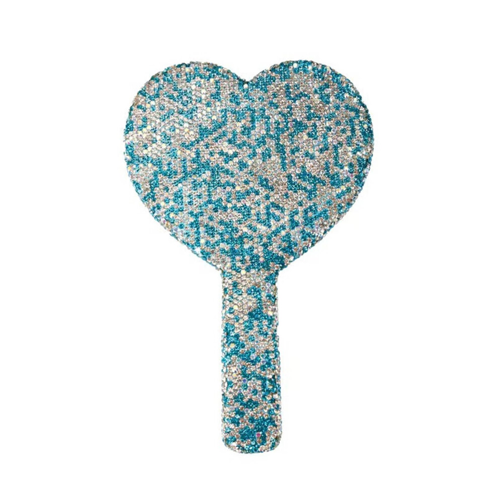 Blue Rhinestones Cosmetic Mirrour Handheld Travel Vanity Mirror, Heart Type, Compact Makeup Mirror For Women
