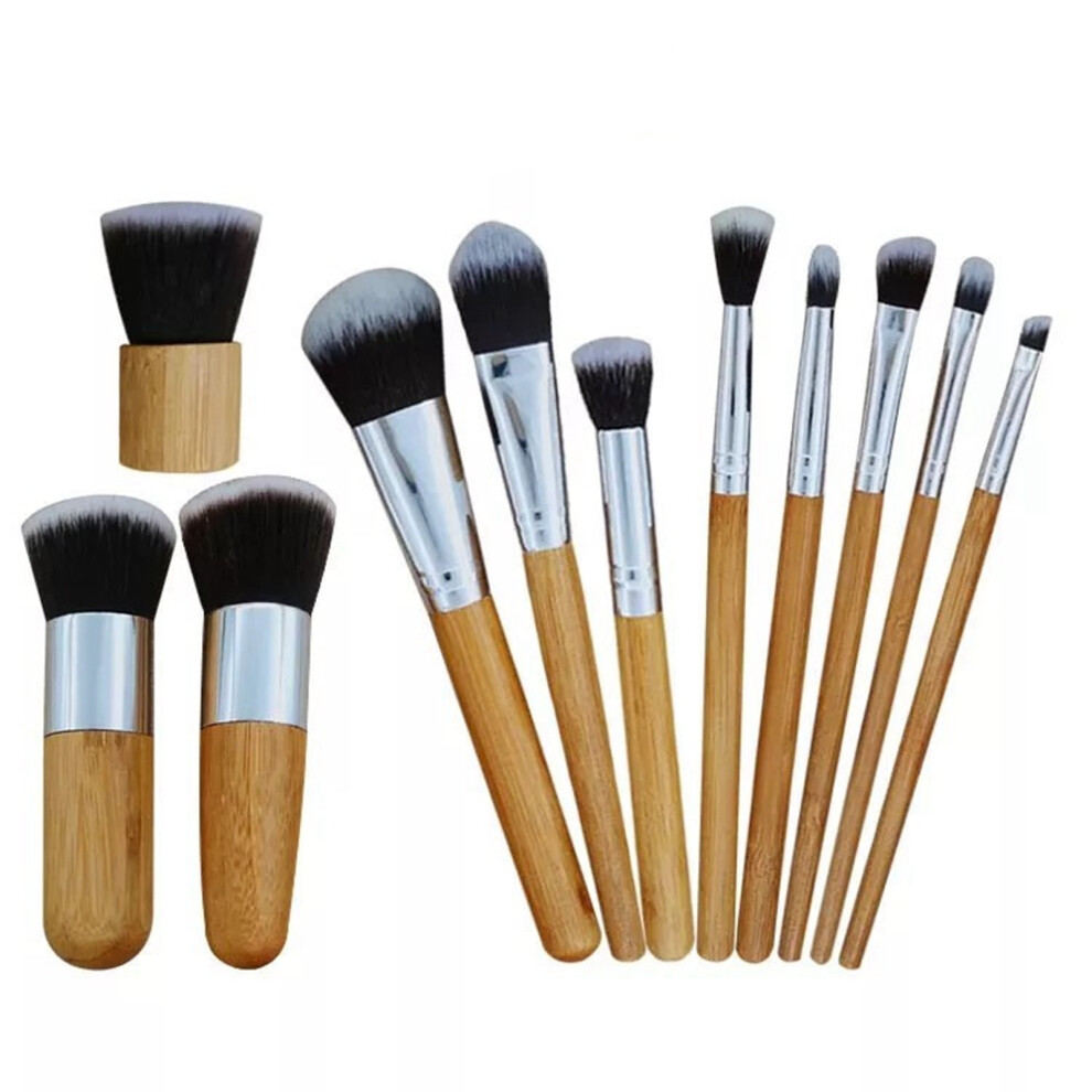11pcs Bamboo Handle Makeup Brushes Set, 20x14x4cm Portable Cosmetic Kit